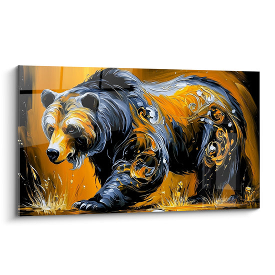 Ours brun en marche, pelage anthracite et volutes dorées, fond ambre vibrant