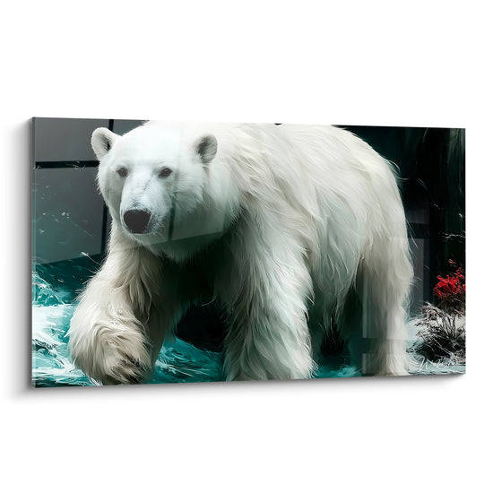 Ours polaire blanc marchant dans une eau turquoise sombre, fourrure détaillée et regard intense