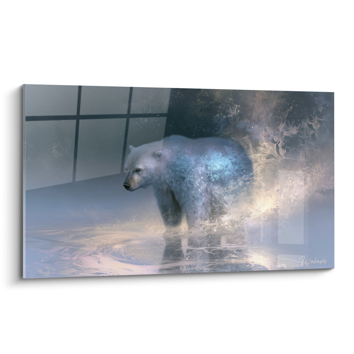 Ours polaire de profil, pelage blanc et volutes bleu glacé se dissolvant dans une brume dorée