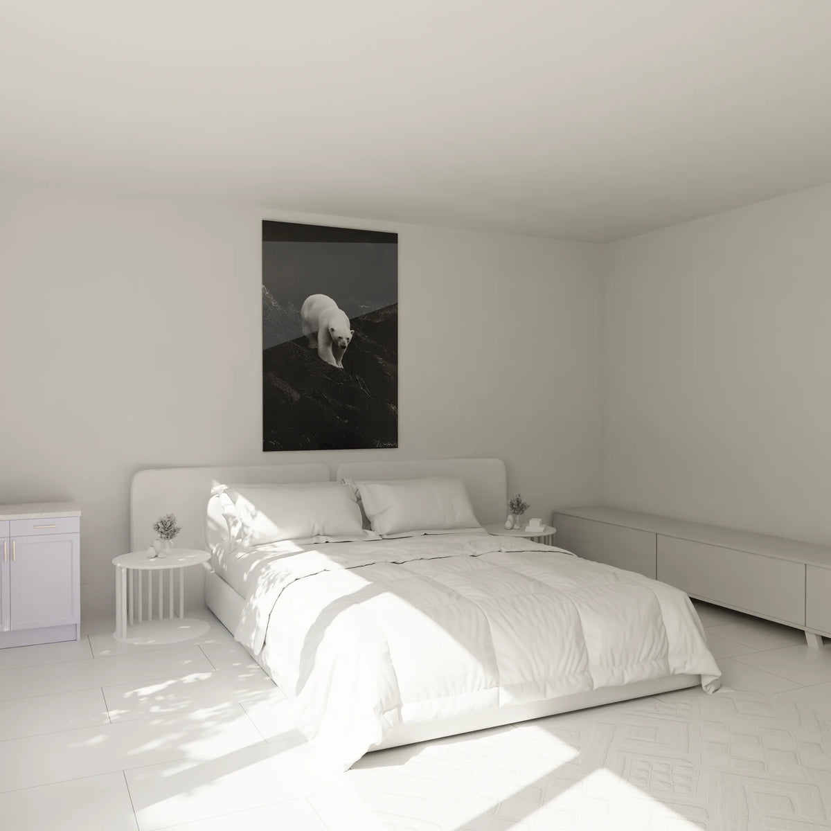Tableau ours polaire en ambiance chambre - Décoration murale animaux noir et blanc