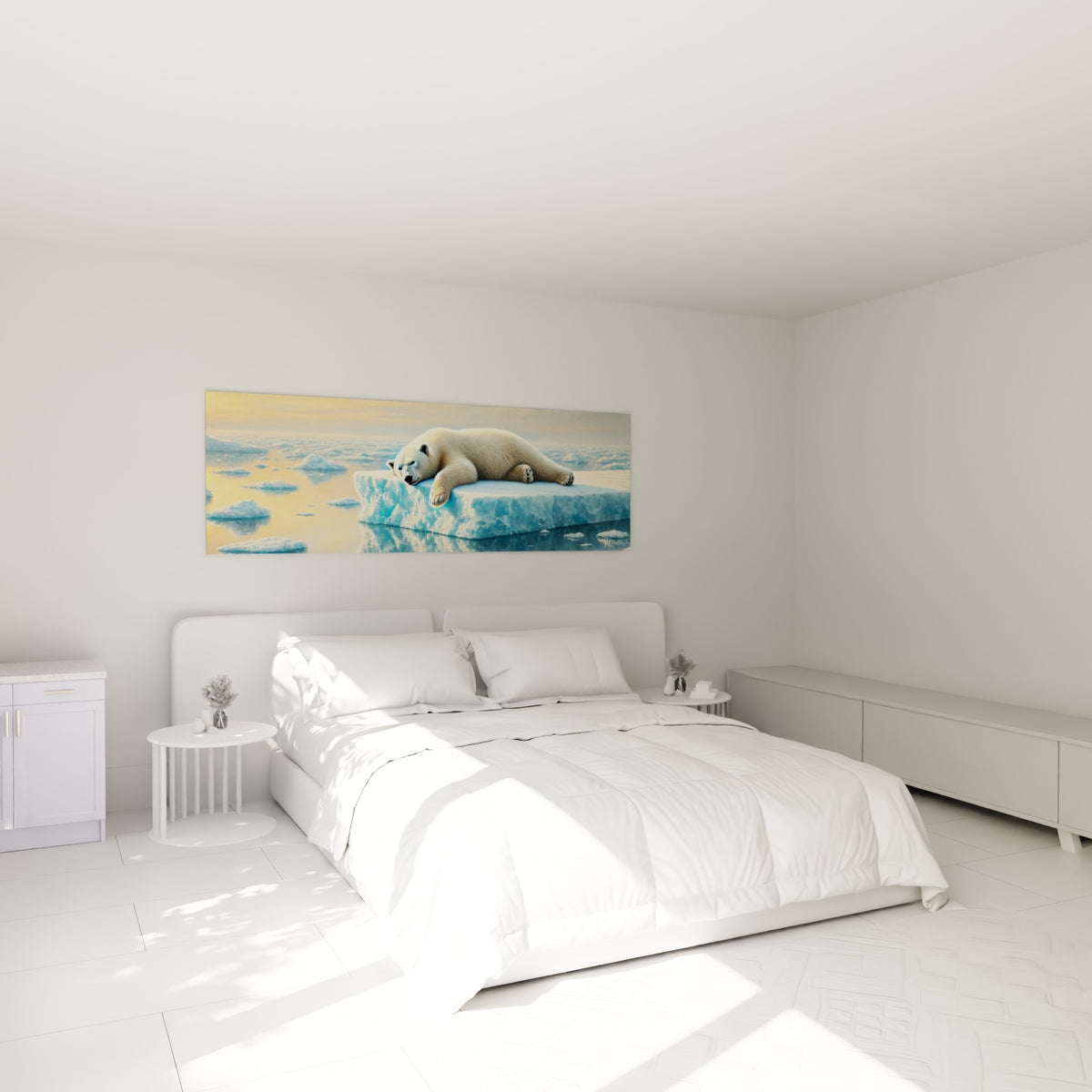 Ours polaire endormi sur banquise turquoise, accroché au-dessus d'un lit dans une chambre claire