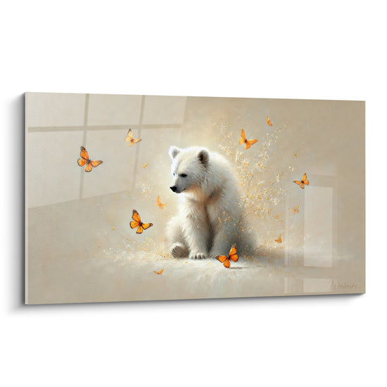 Tableau Ourson blanc assis parmi papillons orange - Brindilles fleuries dorées - Edition Ours polaire