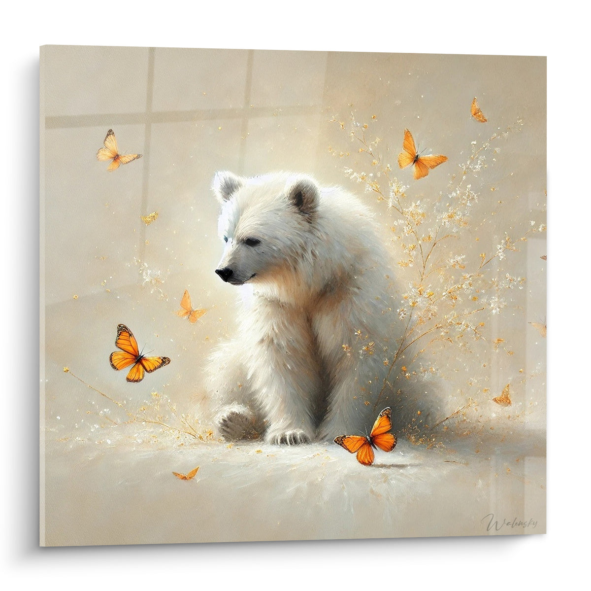 Ourson polaire blanc et beige assis entouré de papillons orange sur fond crème lumineux