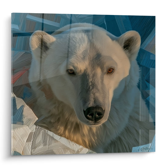 Ours polaire ivoire au regard ambré, museau noir, fond bleu marine fragmenté et rocher blanc