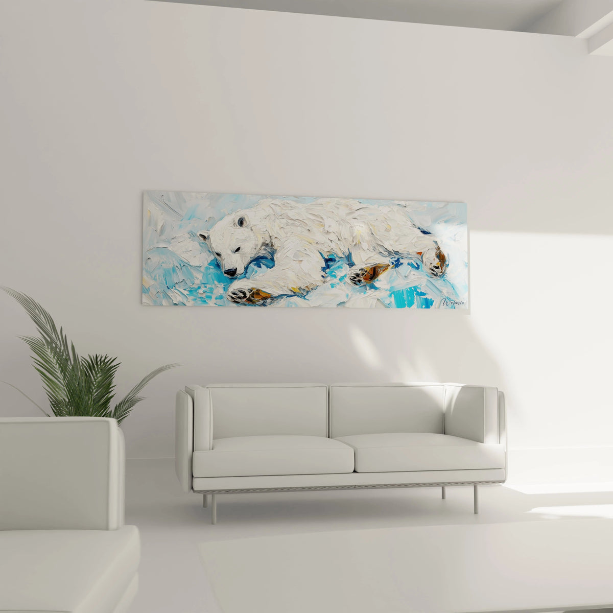 Tableau ours polaire Walensky peint à la main suspendu au-dessus d'un canapé blanc dans un salon moderne