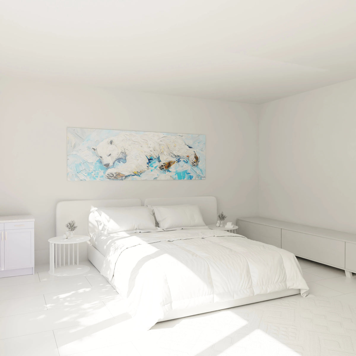 Tableau ours polaire Walensky accroché au mur dans une chambre blanche moderne et lumineuse