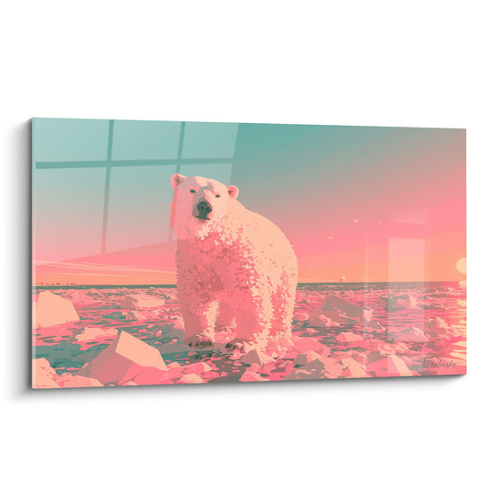 Ours polaire face caméra, fourrure rose et blanche, banquise fracturée sous ciel turquoise et corail