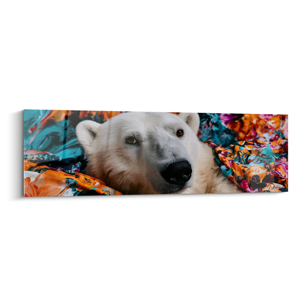 Tableau Ours polaire lové dans tissus turquoise et orange - Cocon improbable - Edition Ours polaire