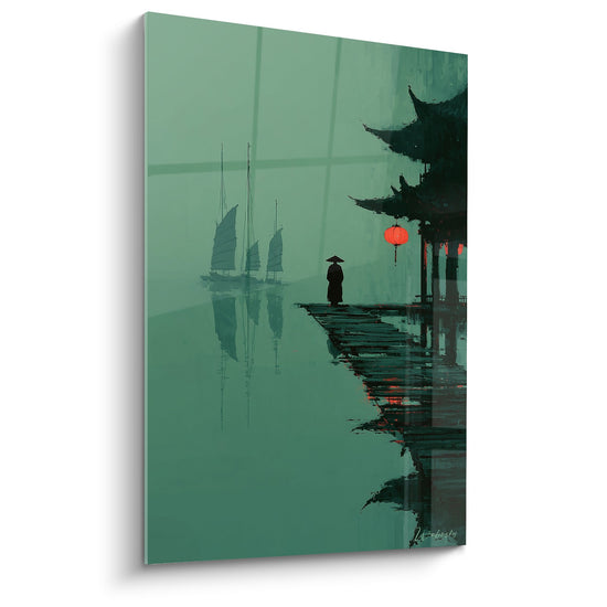 Tableau pagode traditionnelle brumeuse sur lac émeraude avec jonque et lanterne rouge, reflets dans l'eau