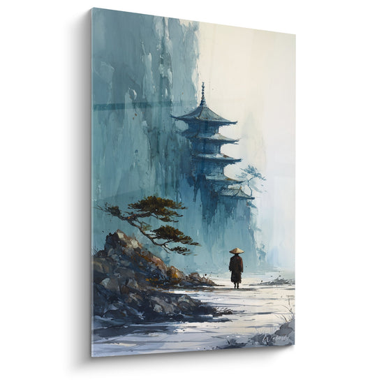 Tableau pagode traditionnelle dans brumes bleues avec moine en habit sombre cheminant sur sentier blanc montagne zen
