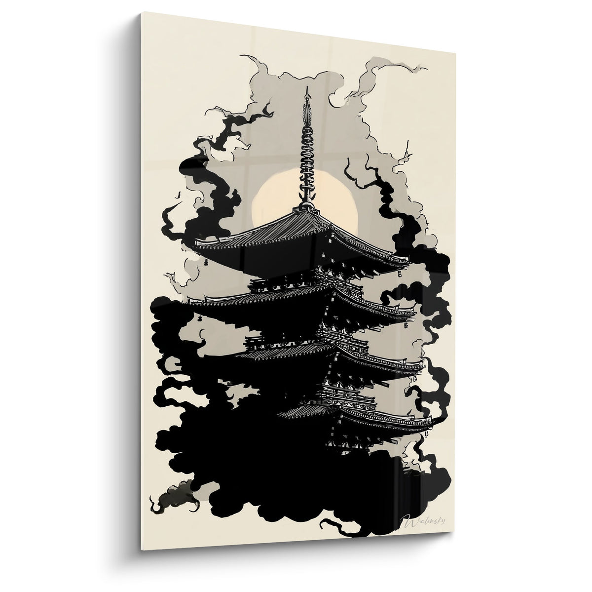 Tableau pagode japonaise noire avec fumées ondoyantes sur fond beige clair, style minimaliste zen