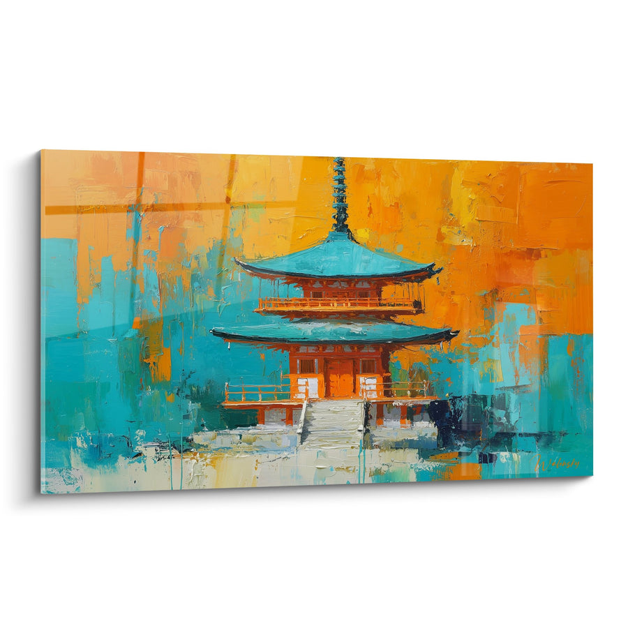 Tableau Pagode Traditionnelle Orange et Turquoise Peinture Abstraite - Architecture Zen - Edition Pagode