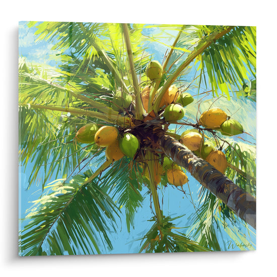 Palmier vu du sol avec noix de coco vert et jaune ocre sur fond de ciel bleu éclatant