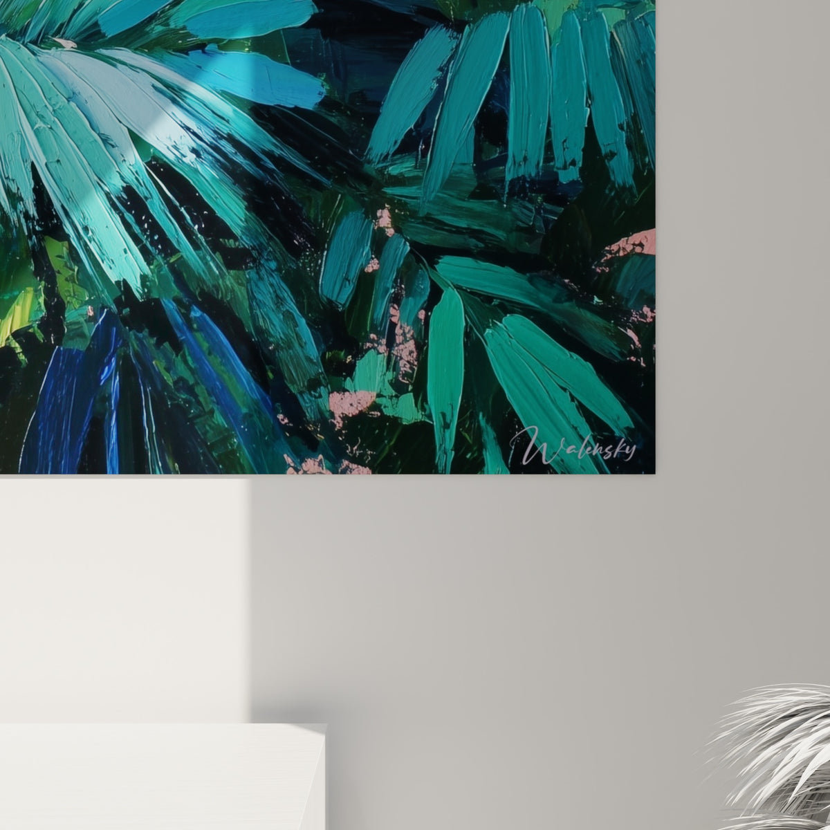 Matière épaisse du tableau palmier révélant coulures vert émeraude et touches turquoise vibrantes