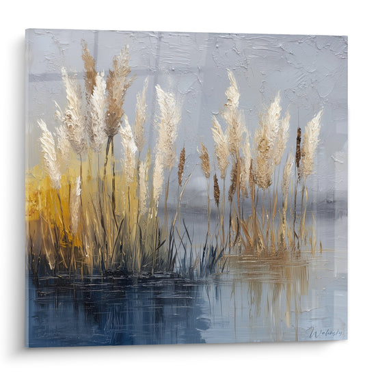 Tableau pampas dorés au bord de l'eau avec reflets bleus et plumes beiges