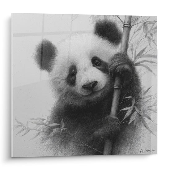 Panda anthracite et blanc agrippé à une tige de bambou, dessin crayon aux traits fins