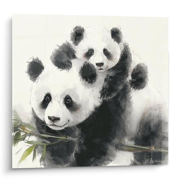 Tableau Pandas noir et blanc aux tiges de bambou - Tendresse maternelle - Edition Panda