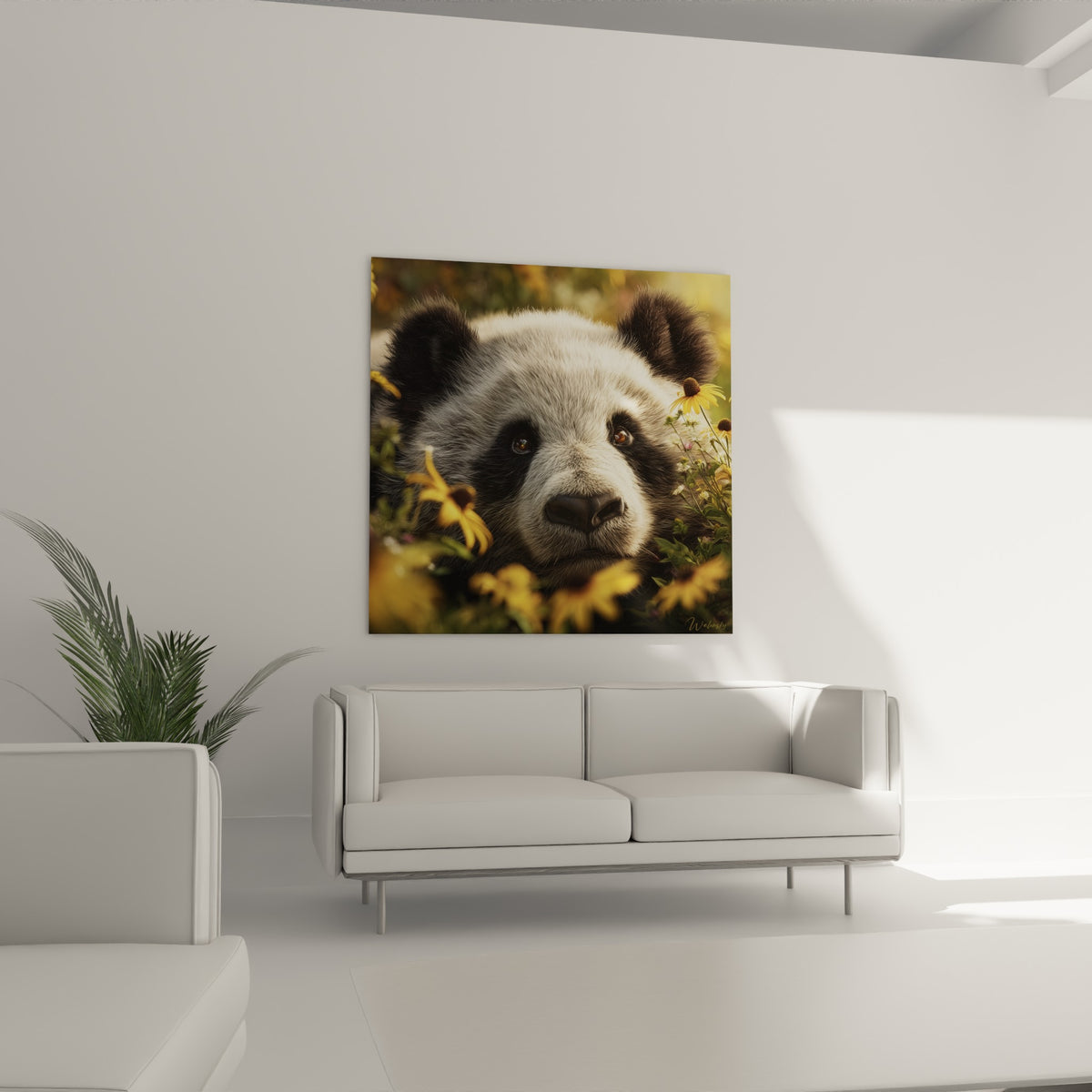 Yeux bruns intenses du panda parmi le feuillage vert, présenté au-dessus d'un canapé dans un salon lumineux