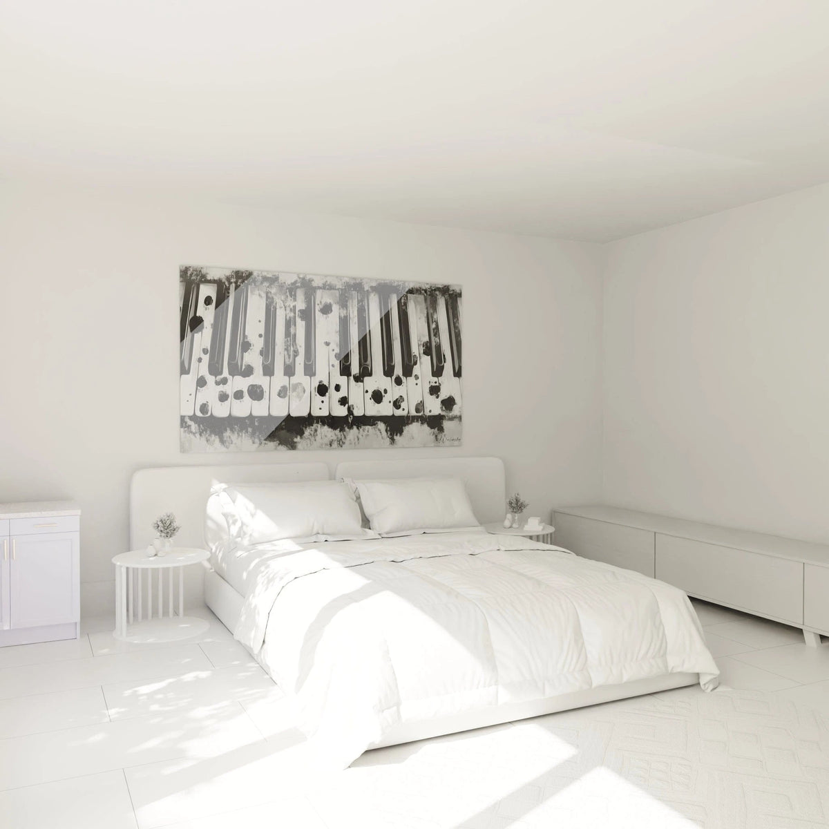 Tableau musique noir et blanc de Walensky avec motifs de touches de piano dans une chambre moderne