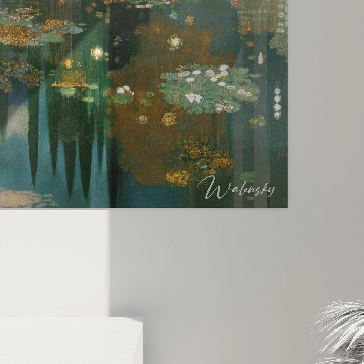 Tableau mural Walensky peinture de nymphéas vert et bleu avec reflets dorés, tableau paysage eaux symboliste