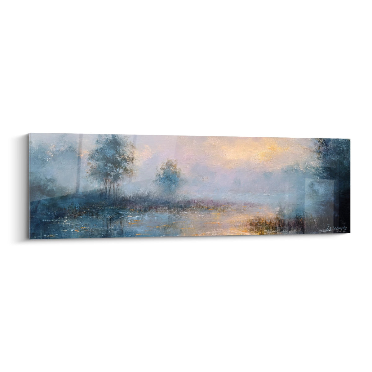 Tableau paysage lacustre brumeux aux tons poudrés avec arbres et reflets dorés sur l'eau