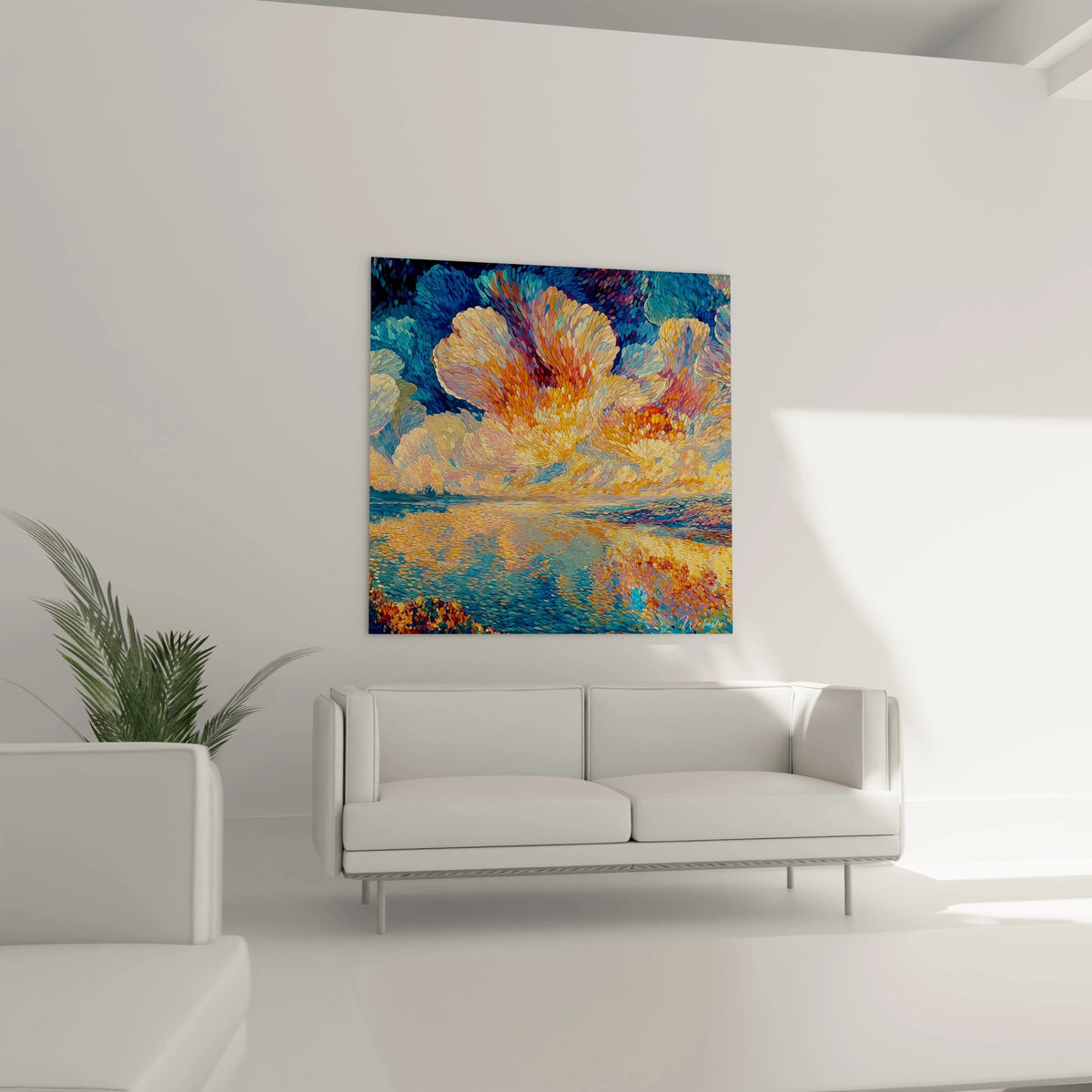 Tableau Walensky coloré accroché au dessus du canapé blanc dans un salon minimaliste tableau paysage marin impressionniste