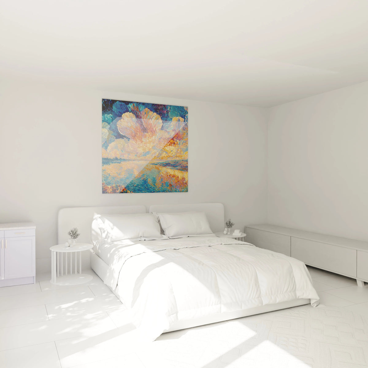 Walensky tableau paysage marin impressionniste carré aux couleurs vives accroché au dessus d un lit blanc minimaliste