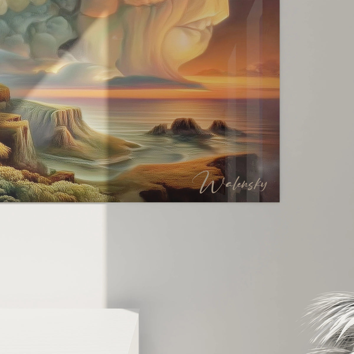 Walensky tableau mural surréaliste paysage côtier au coucher du soleil avec visages dans les nuages falaises et mer