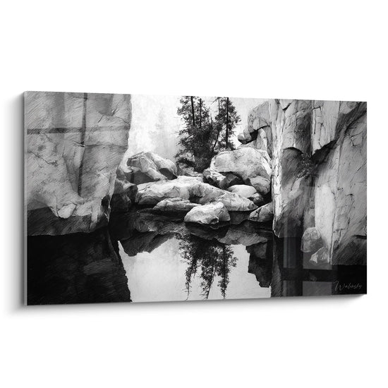 Tableau noir et blanc paysage rocheux avec reflet dans l'eau et végétation naturelle