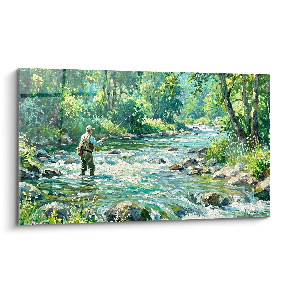 Tableau peinture pêcheur waders rivière verte turquoise nature rochers feuillage impressionniste