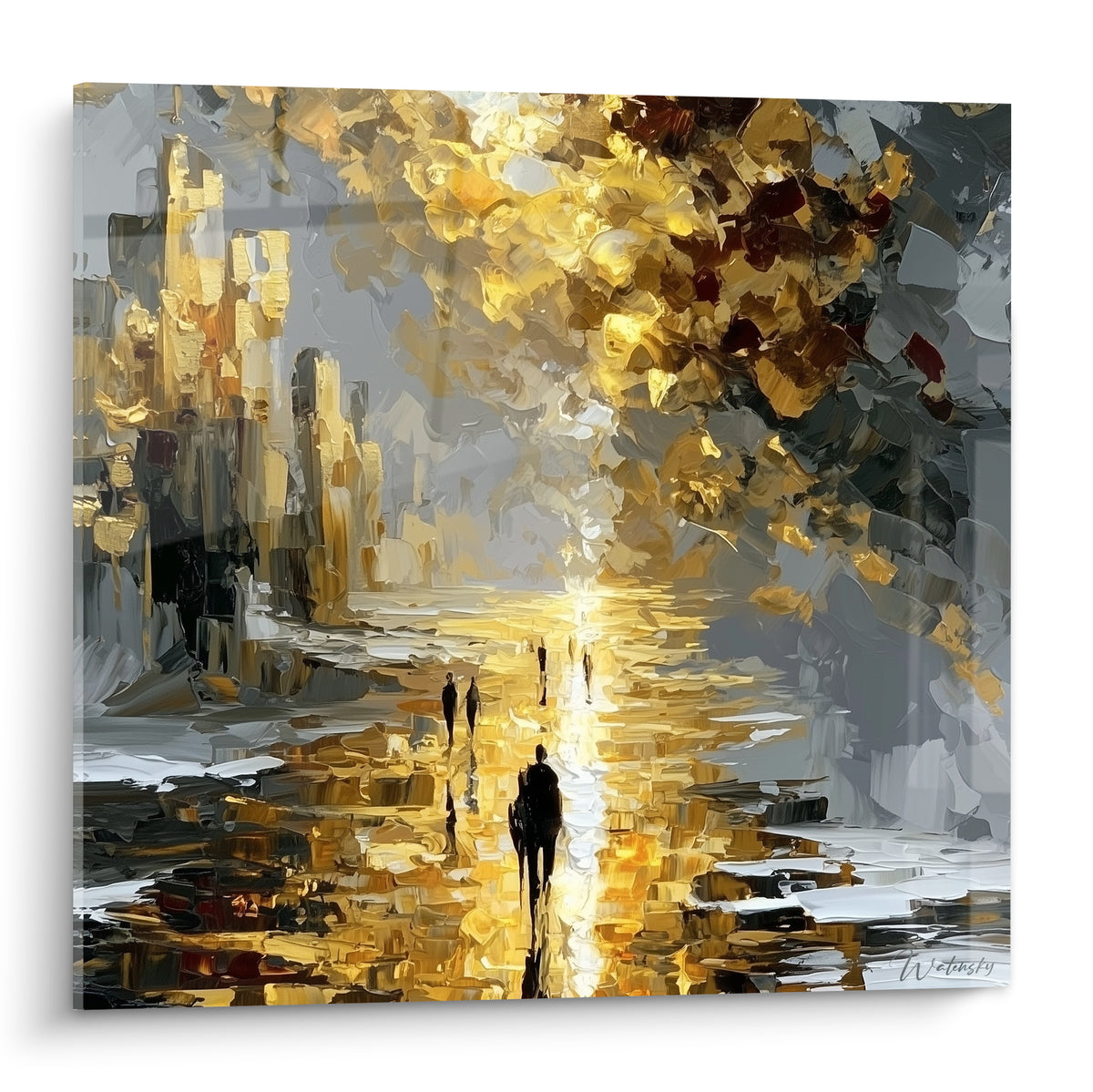 Silhouettes marchant dans une rue dorée et grise, peinture au couteau texturée et lumineuse