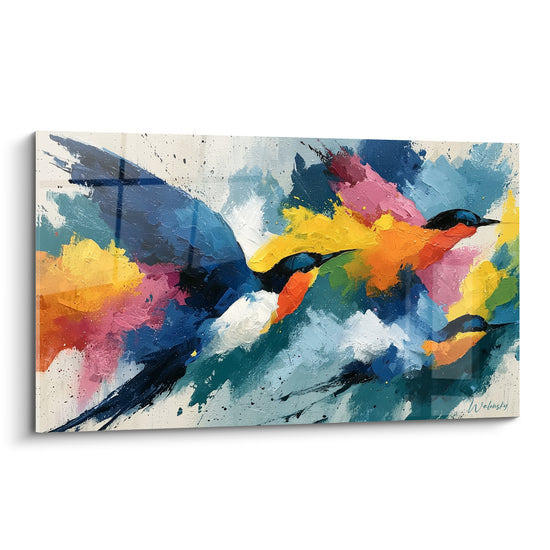 Colibris bleu marine et orange en plein envol, touches épaisses de peinture éclatante