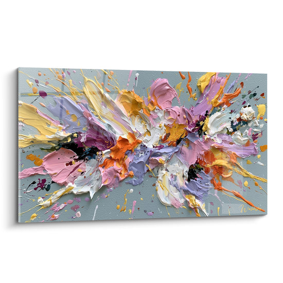 Explosion florale abstraite rose, lavande et doré aux empâtements épais sur fond gris bleuté