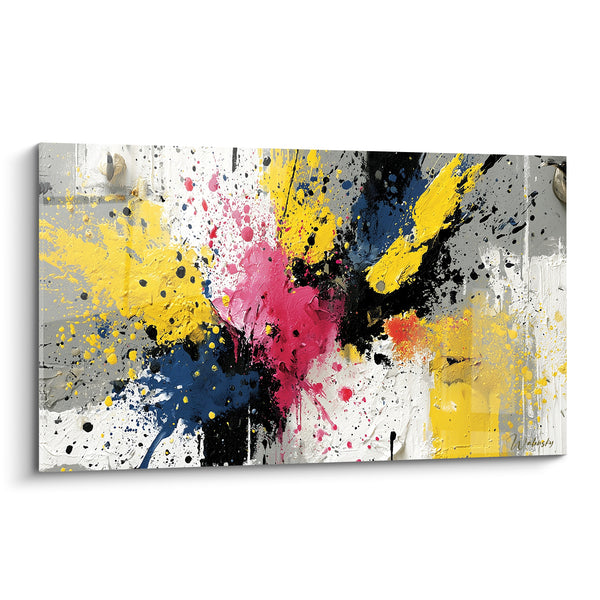 Tableau Éclaboussure rose et jaune sur fond gris - Coulures noires éclatées - Edition style Peinture abstrait