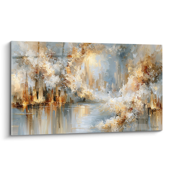 Skyline dorée style Peinture abstrait aux tours ocre et bleu gris reflétées sur l'eau calme