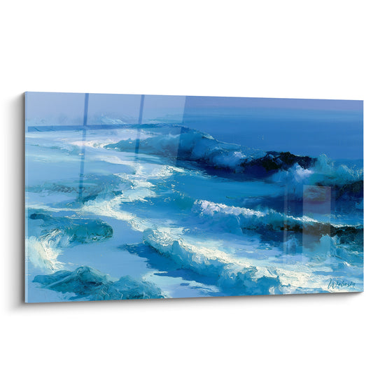 Vagues bleu marine et blanc écumeux se brisant contre des rochers anthracite, peinture texturée intense