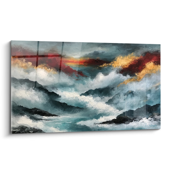 Vagues bleu pétrole et ciel rouge doré, mer démontée peinte en style Peinture abstrait sur toile