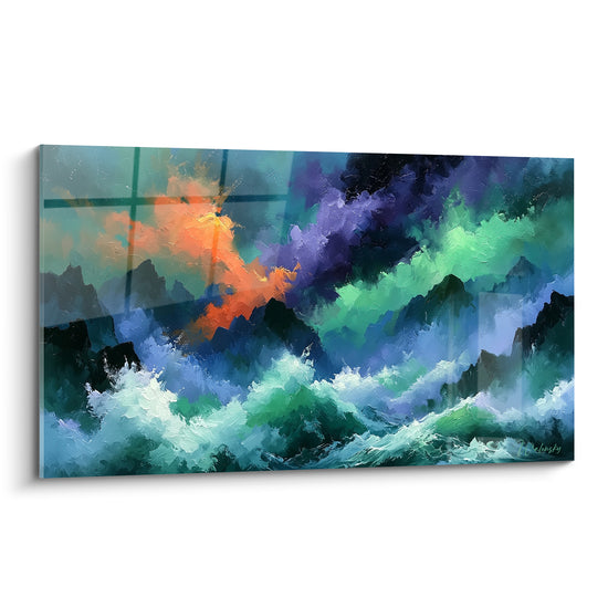 Vagues turquoise et éclat orangé se rencontrent dans ce tableau style Peinture abstrait au relief marqué