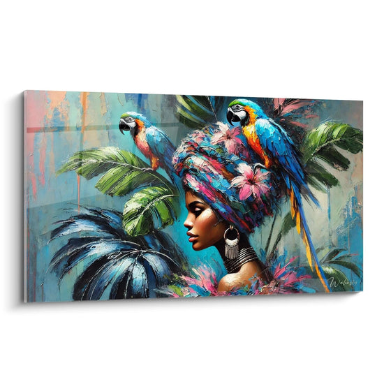 Découvrez ce tableau perroquet représentant une femme et deux perroquets exotiques, une œuvre vibrante et colorée, idéale pour sublimer votre décoration intérieure.