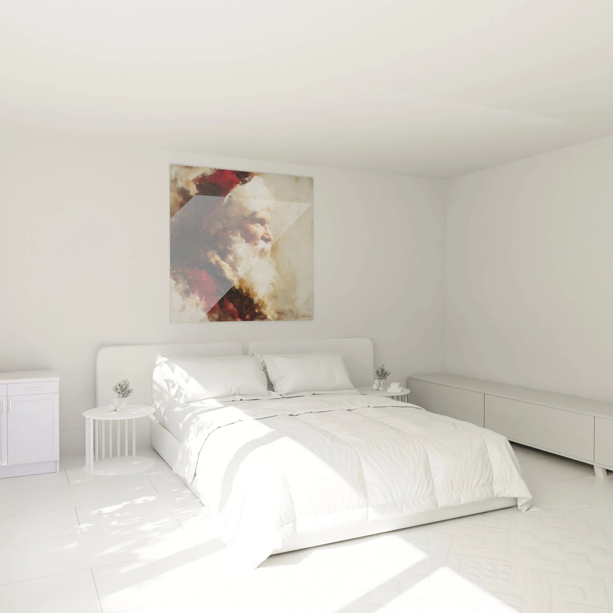 Tableau Père Noël édition Noël accroché au mur d'une chambre décorée de manière moderne et lumineuse