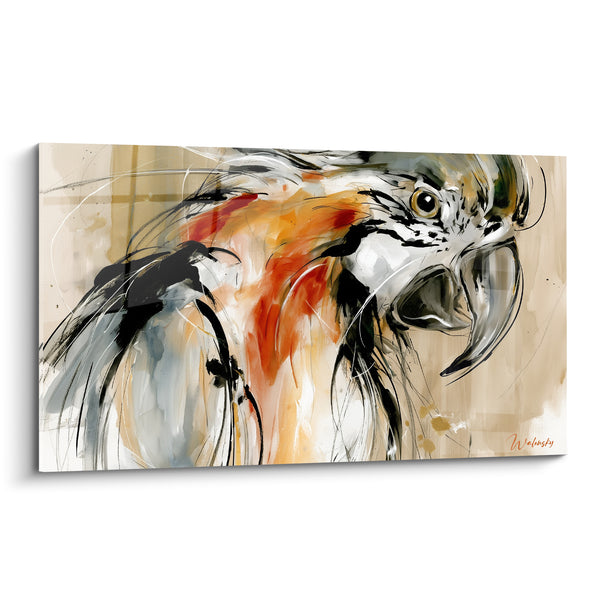 Tableau Ara blanc et orange au bec crochu entrouvert - Fond beige rayé - Edition Perroquet