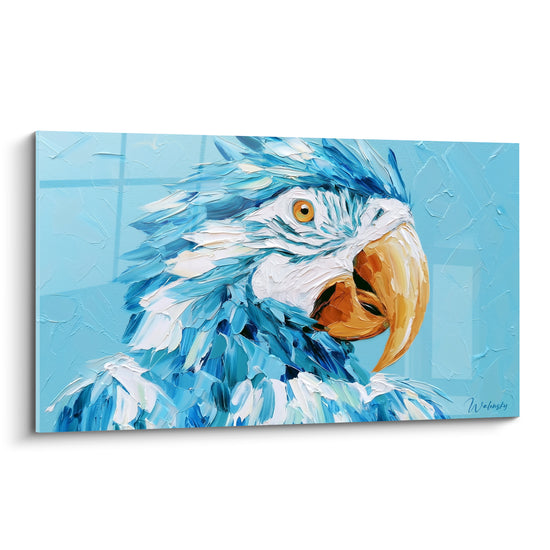 Perroquet bleu ciel et blanc au bec doré, plumage texturé peint au couteau en gros plan