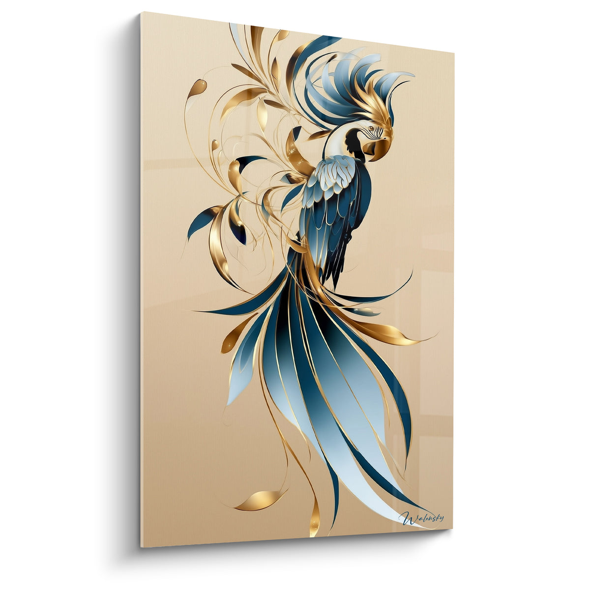 Perroquet stylisé bleu marine et doré déployant ses plumes sur fond beige élégant