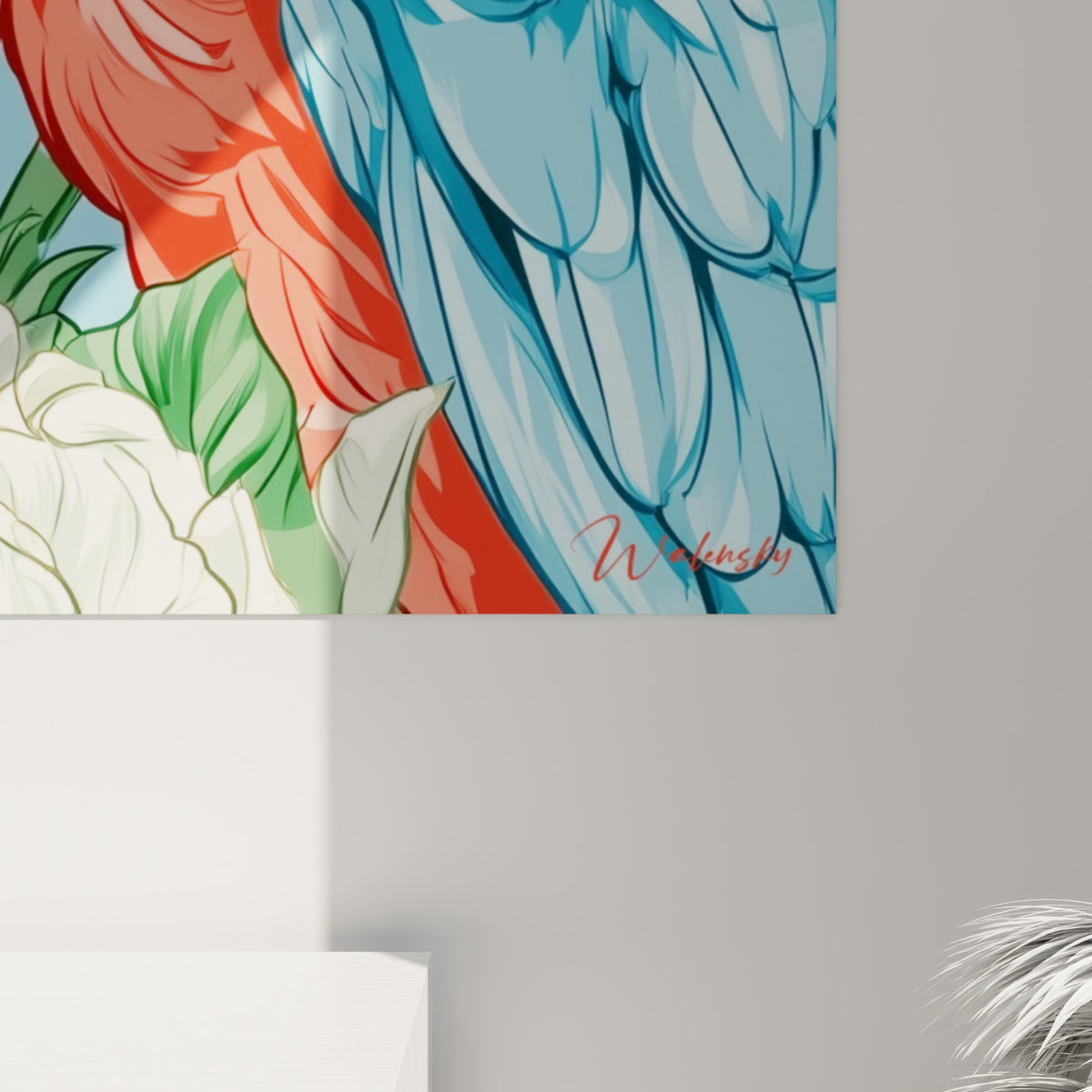 Détail du plumage rouge et bleu du perroquet, texture fine des plumes et pétales blancs peints avec précision