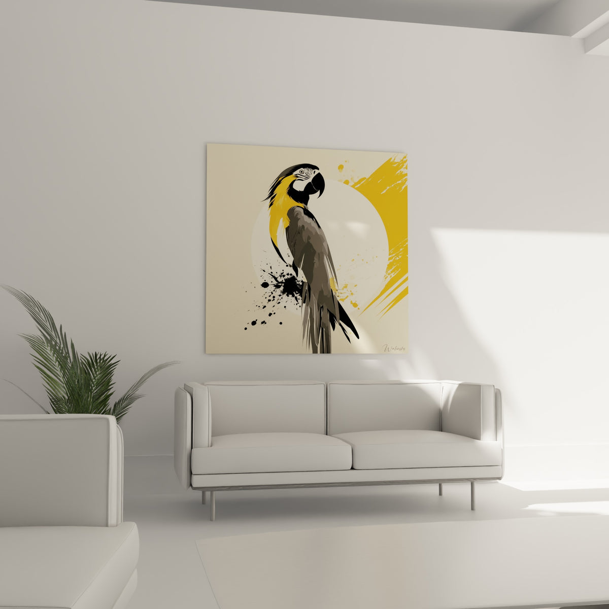 Oiseau exotique jaune et gris foncé encadré d'un disque ivoire, au-dessus d'un canapé dans un salon lumineux
