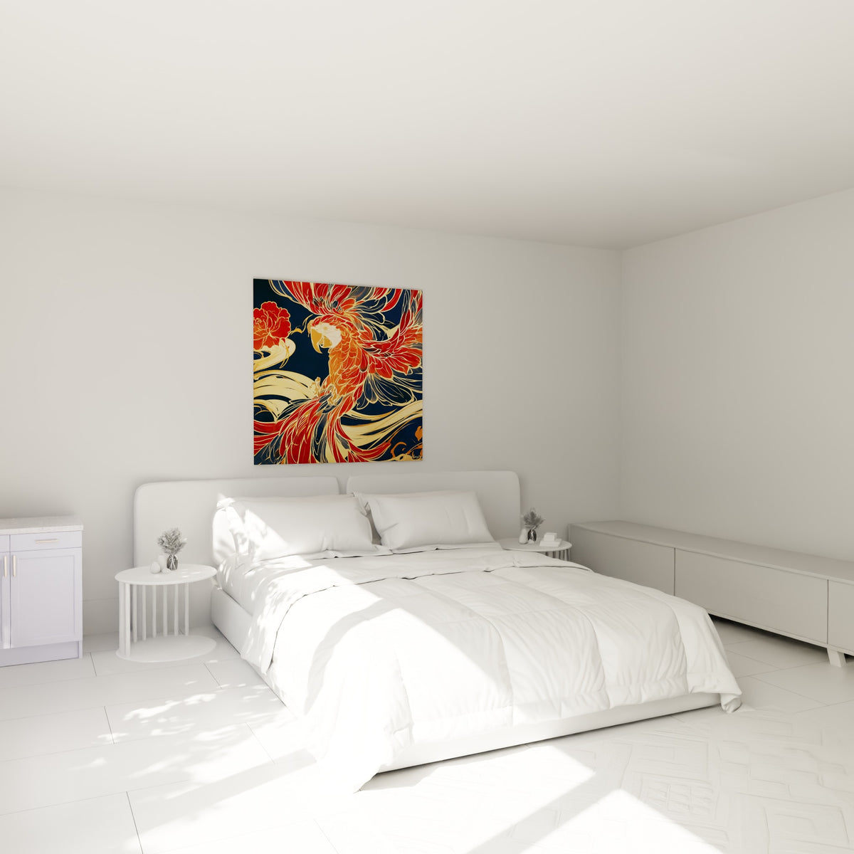 Oiseau flamboyant rouge et or, plumage stylisé, accroché au-dessus d'un lit dans une chambre claire.