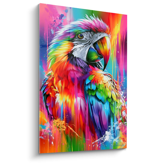 Tableau Ara multicolore aux coulures fluorescentes ruisselantes - Éclaboussures arc-en-ciel - Edition Perroquet