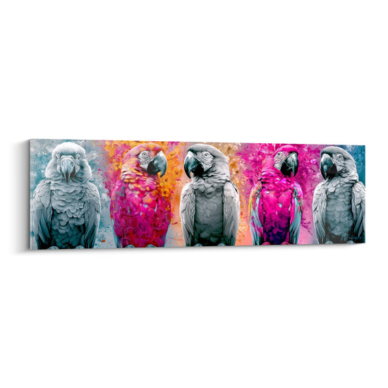 Cinq perroquets alignés, gris anthracite et rose fuchsia, sur fond floral doré éclaté