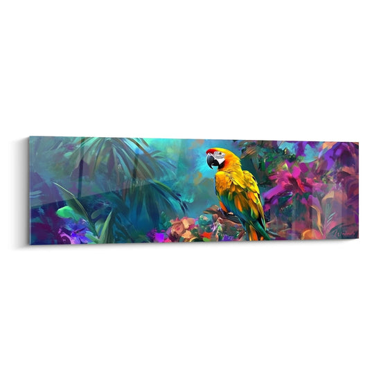 Tableau perroquet coloré Walensky représentant un perroquet sur une branche dans une forêt tropicale vibrante