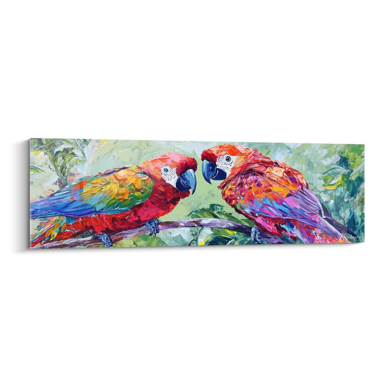 Tableau perroquet Walensky avec deux perroquets colorés sur fond de feuillage vert